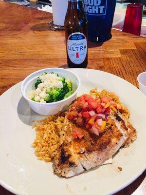 blacken snapper with mango salsa over rice with broccoli $13.00