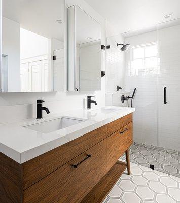 Master bath walk in curbless shower with cement tiles