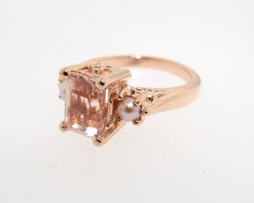 Old Paris is it's name with morganite and pink rose gold is it's game.  A hot and irresistible ring paired with pearls