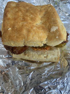 Fried chicken biscuit sandwich 4" x 4" kind of small for $15 not filling