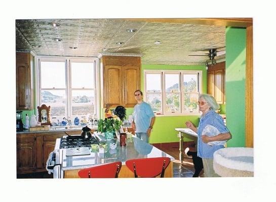 Wonderful kithchen with silver ceiling, and new cabinets that I stained and varnished. view their vineyards from the window!