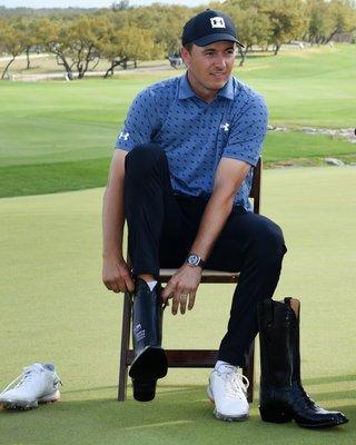 2021 Valero Texas Open champion, Jordan Spieth. When you win the Texas Open, you get a special pair of champion boots.