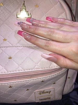 Acrylic gel Polish pink French tips with jewels