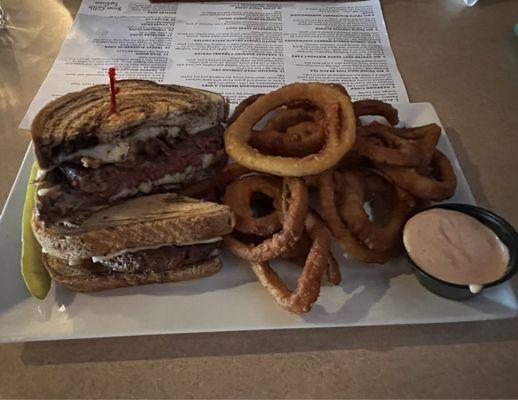 Perfect patty melt paired with onion rings. Mmm!