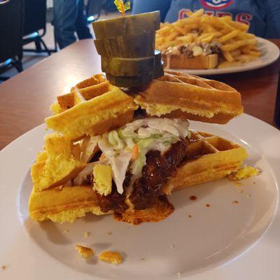 Nashville Hot Sandwich with cornbread waffle.