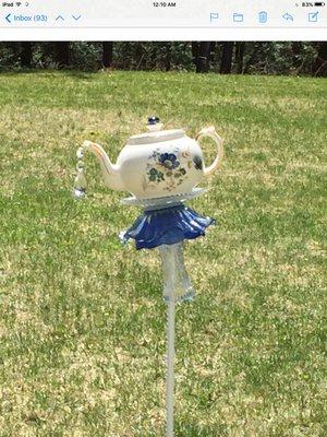 Teapot art. Weather resistant ,handmade from vintage China,crystal,would love to sell in your shop FB Susan Sargent