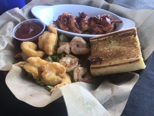 Shrimp trio grilled, fried, sweet chili. I licked the extra sweet chili sauce out of the cassoulet. No pride with eats this good.