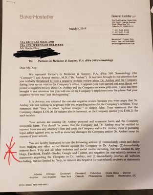 Cease & desist - remove my yelp review (aka my threat about the doctor & the company) although NO Threat was made & ALL info was truthful.