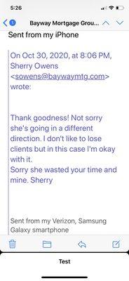 Email from shady lender Sherri to coworker after waiting a week to surprise me with extra fees of $5200.