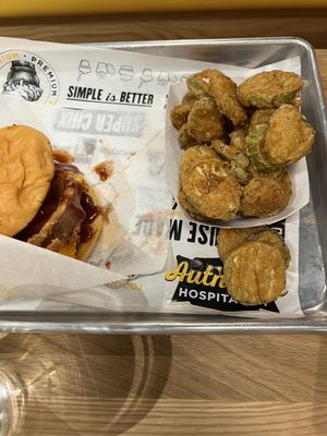 Cheesy bbq chicken sandwich and fried pickles