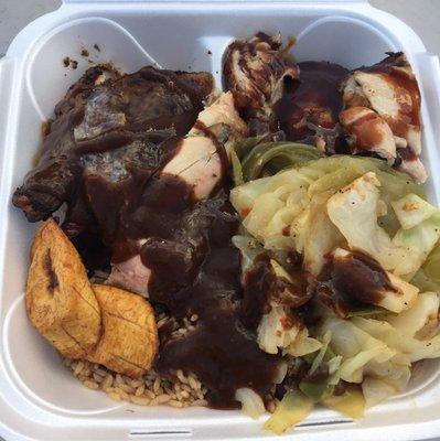 Jerk Brothers - jerk & BBQ chicken with cabbage, rice & beans, and plantains