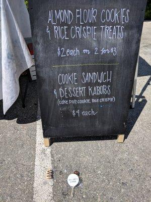 vegan rice krispy treat,dessert kabob (cake pop,chocolate chip cookie,rice crispie treat),menu cookie sandwich,taqueria el zamorano popup