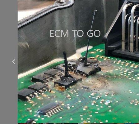 We offer Repair of PCM ECMs 1990-2015. Pictured is a damaged Ford PCM from coil pack failure.