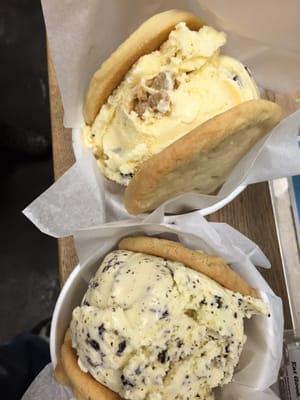 Ice cream sandwiches. White chocolate macadamia with chocolate chip ice cream. Sugar cookies with cookie dough ice cream.