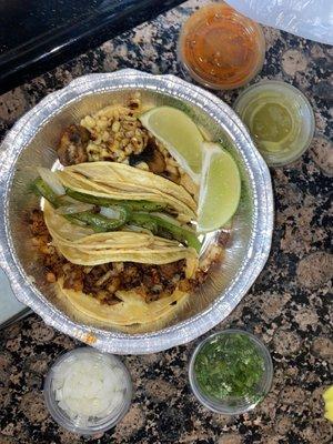 Vegan corn & mushroom taco, fajita taco, vegan potato and soy chorizo taco