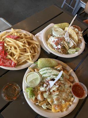 Shrimp chucky fries and Baja fish tacos