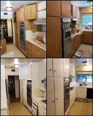 Before and after.  Prepped, primed and painted varnished kitchen cabinets.