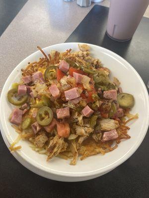 Chicken egg and cheese hash brown bowl