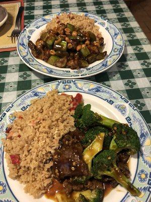 Beef and broccoli and Kung pao chicken.