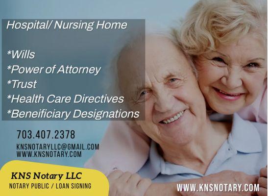 KNS Notary LLC Hospitals Nursing Homes and Assisted Living. Open 24/7 for any your notary need. Call 703-407-2378