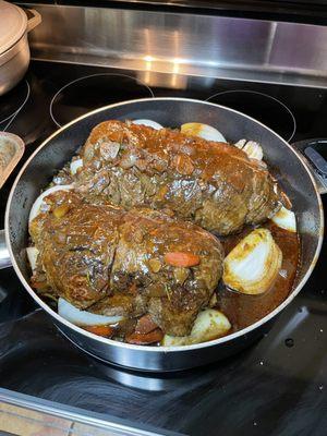 Stuffed beef in wine reduction.