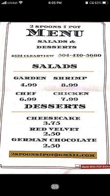 Now Open! Salad and Desserts Menu