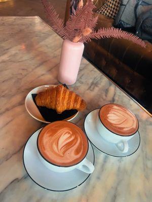 Pink Lattes  and croissant