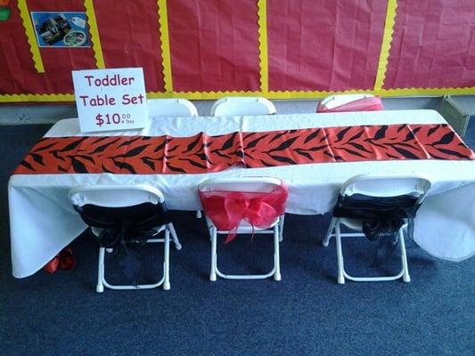 We rent tables and chairs (round and rectangle) for all your party/event needs!