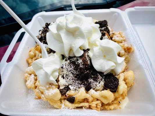 Funnel cake sundae w/ caramel sauce and Oreos