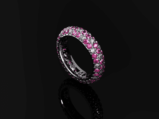 Hot Pink Sapphire and Diamonds set in Platinum.  Made to order and sized to your finger.