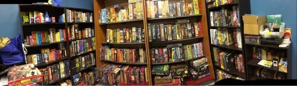 Massive nook full of open games to try out in the store before you buy