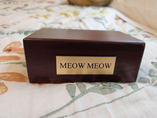 wooden box urn for ashes, with name plate