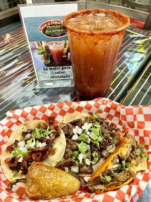 Pastor, Cali taco de asada & Taco Dorado de Birria & Michelada to wash it all down