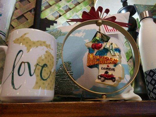 This would be a perfect gift for anyone. Coffee cup is $15 and Michigan ornament is $17.