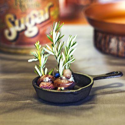 Seared Beef Tenderloin with a Red Wine marinated Cipollini Onion, and Blue Cheese on a Rosemary Skewer