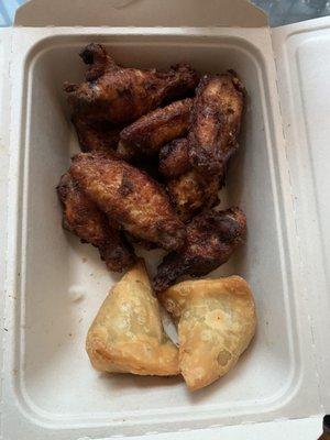 Chicken wings with the award winning sweet chili sauce on the side (not pictured) vegan samosas