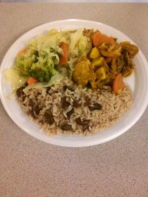 Curry chicken, rice redbeans,steam  vegetables