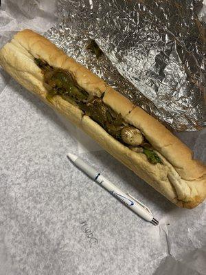 Hot veggie sub, pen for scale. HUGE!