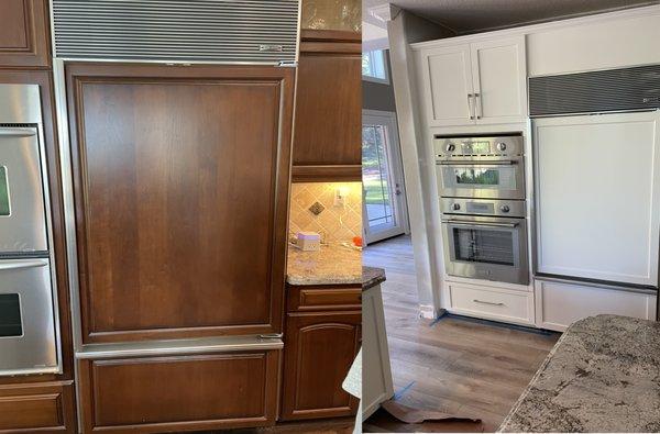 Kitchen Reface with Shaker Style Doors, Drawer Fronts and Refrigerator Panels with Satin Nickle Pulls.