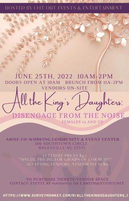 All Women's Event, June 25th, ages 12 & up. 
Women's Conference