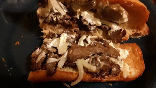 Steak sub, i added onions. Yum! Their mushrooms are pretty darn tasty as well