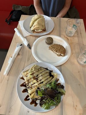 Crepe, caprese sandwhich, oatmeal crème pie