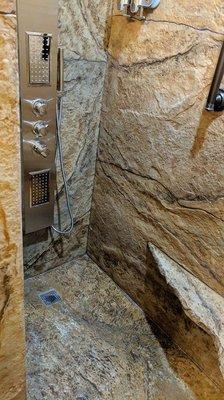 Shower surround, with concrete floor and bench seat