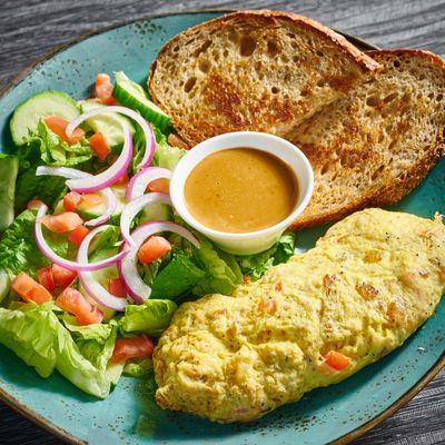 Everything but the bagel omelette w/ Side salad and sour dough.