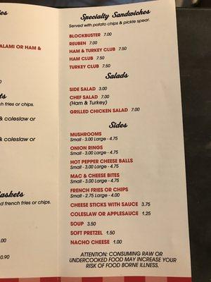 Menu with pricing as of 12/27/2021