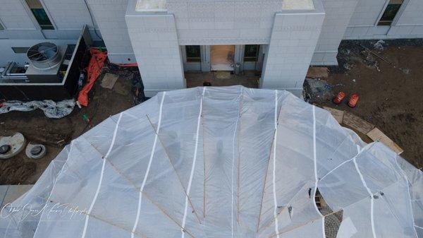 Orem Utah Temple on a winter dusk day by a drone on March 15, 2023. Official Website is TempleScoop.com