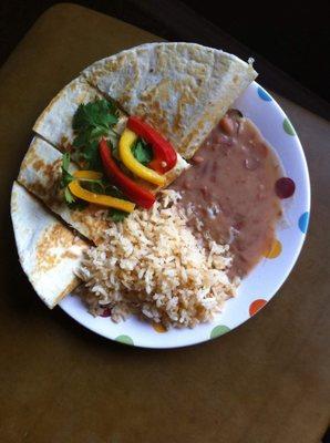 Chicken or cheese quesadilla with rice and beans