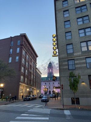 A view of the hotel in the evening.