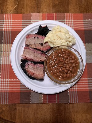 Brisket, mac and cheese and bbq beans.