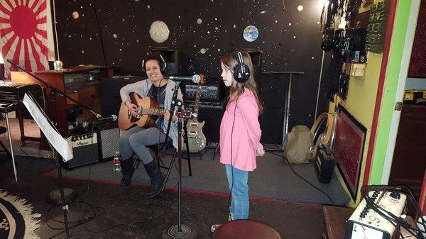 Haylee recording "Bright" with her teacher Mallory on guitar (March 2016)